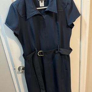 Navy Blue Belted Short Sleeve Zip Up Business Dress Size 10